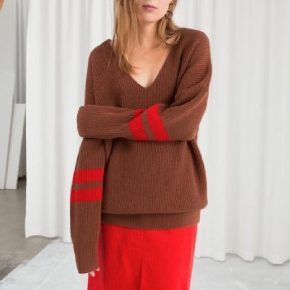& Other Stories Ribbed Knit Varsity Collegiate Striped Sleeve Sweater